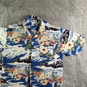 Vintage Y2K Utility Hawaiian Shirt Floral Mountain Print Rayon Camp Shirt Large